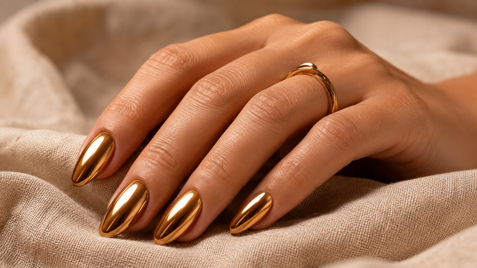 Golden Caramel Chrome Nails High-Shine Gloss